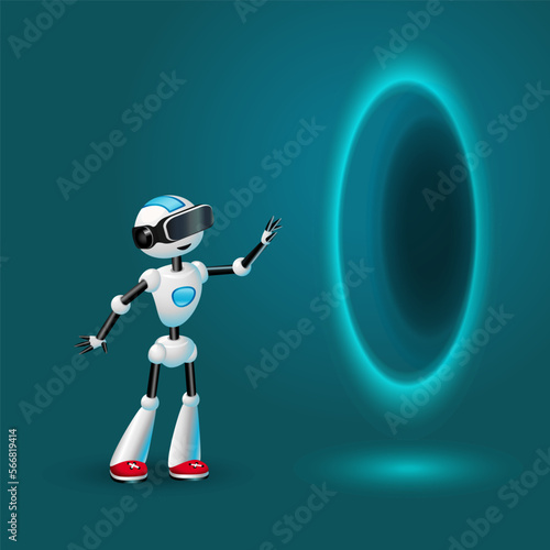 Cute Robot wearing VR headset near teleport portal. Vector illustration