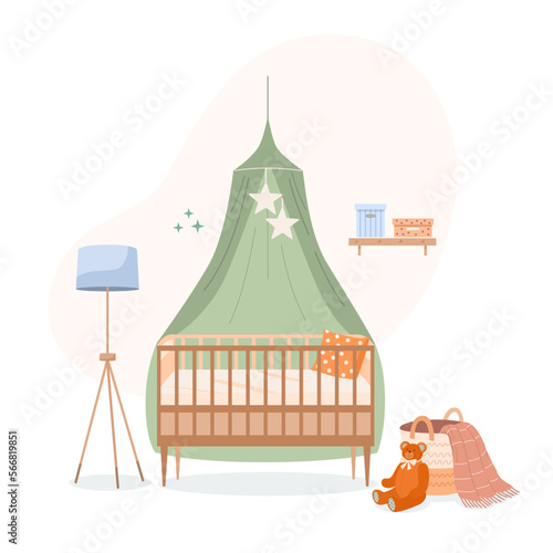 Interior of children's room. Baby wooden cradle with green boho canopy, floor lamp, basket with blanket, teddy bear, shelf with storage boxes. Vector illustration in cartoon style.