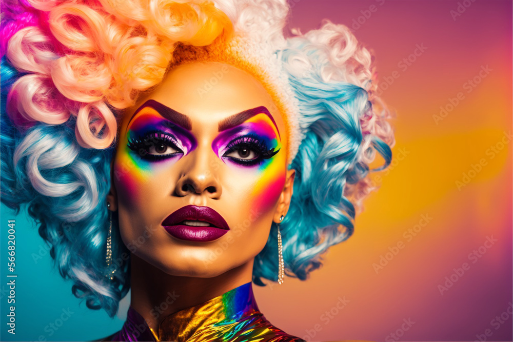 gorgeous drag queen with a vibrant makeup and colorful hair on a rainbow background, generative ai gorgeous drag queen with a vibrant makeup and colorful hair on a rainbow background, generative ai