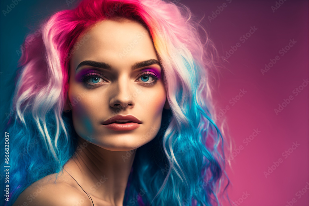 woman bright make up, beautiful colorful hair, hair dye, rainbow hair, colorimetry, hair coloring, skin care, cosmetics, beauty treatments, long shiny hair, thumbnail, generative ai woman bright make up, beautiful colorful hair, hair dye, rainbow hair, colorimetry, hair coloring, skin care, cosmetics, beauty treatments, long shiny hair, thumbnail, generative ai