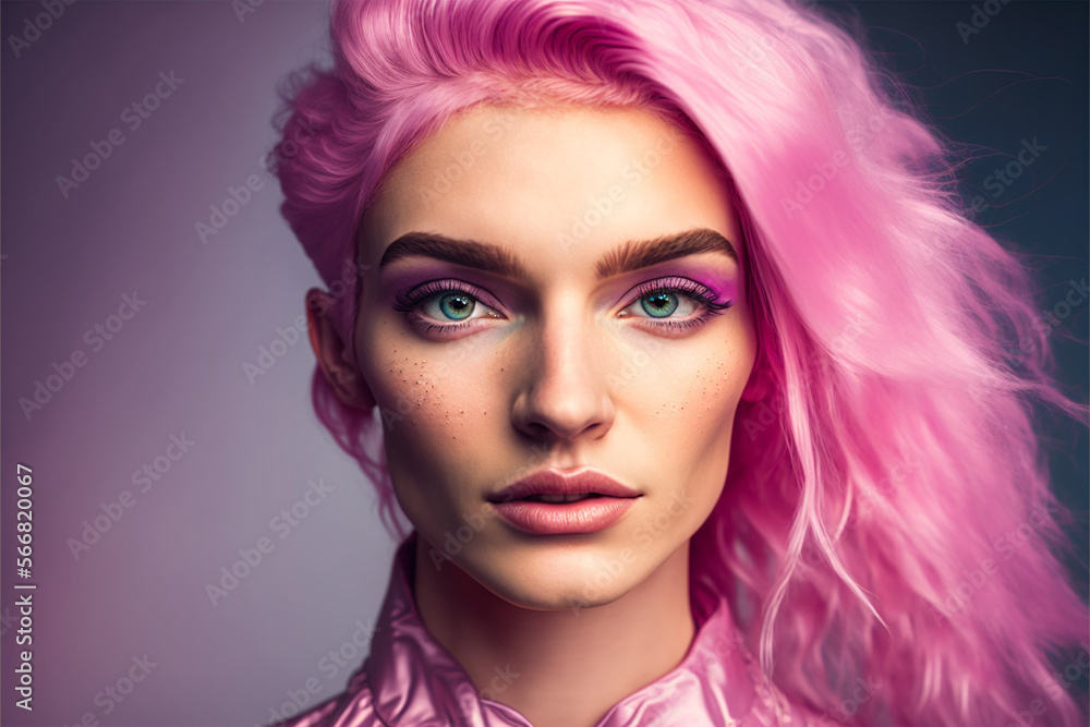 Fototapeta premium woman wearing pink outfit bright make up,beautiful pink hair, hair dye, colorimetry, hair coloring, skin care, cosmetics, beauty treatments, long shiny hair, thumbnail, generative ai