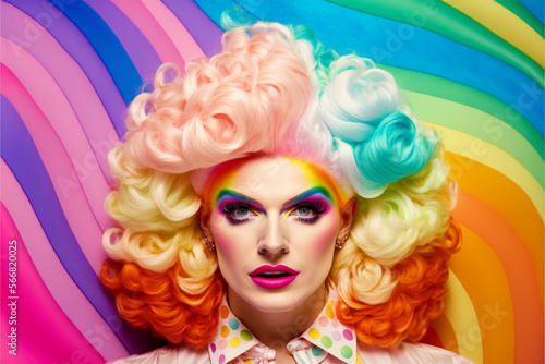 gorgeous drag queen with a vibrant makeup and colorful hair on a rainbow background, generative ai photo
