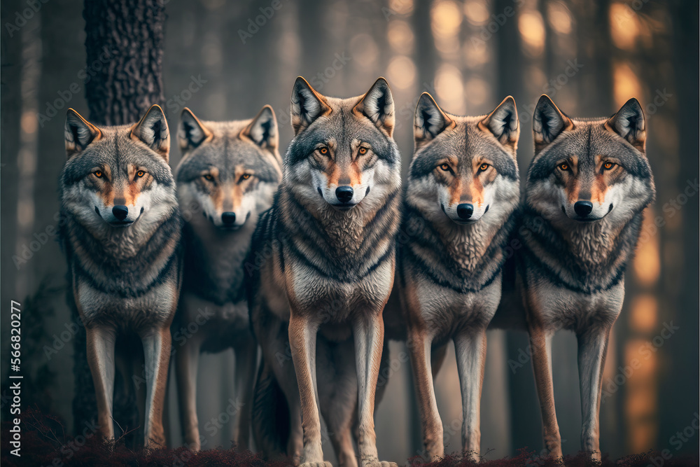 Wolf, large pack of gray wolves or timber wolves at sunset during ...