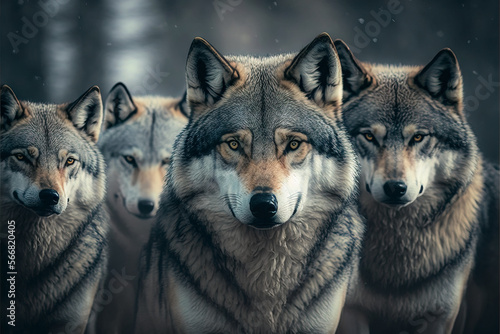 Wolf  large pack of gray wolves or timber wolves at sunset during winter.  Image created with generative ai