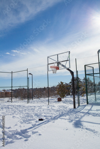 snowy landscape. snowy basketball court