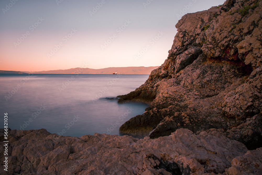 amazing summer coast in Croatia, wonderful sunset view...Kostrena beach, Rijeka resort, Croatia, Europe ...exclusive - this image is sold only on adobe stock