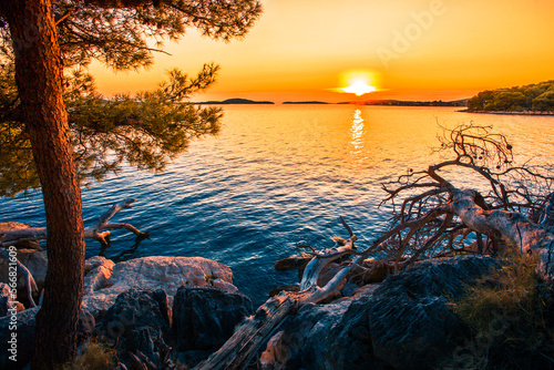 Fototapeta Naklejka Na Ścianę i Meble -  amazing summer coast in Croatia, wonderful sunset view between Zadar and Split, Dalmatia, Croatia, Europe...exclusive - this image is sold  only on Adobe stock