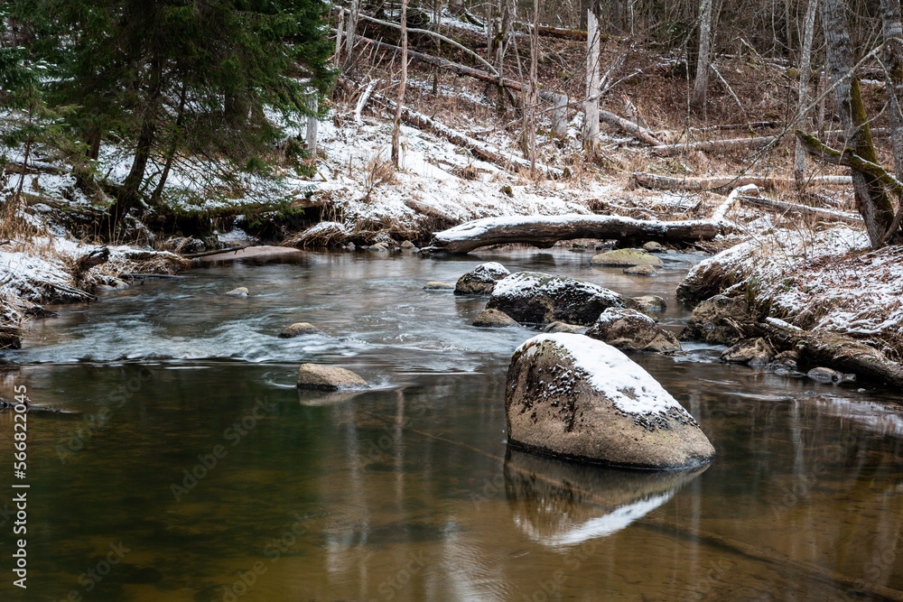 a small forest river with waterfalls and fallen trees in the river a small forest river with waterfalls and fallen trees in the river