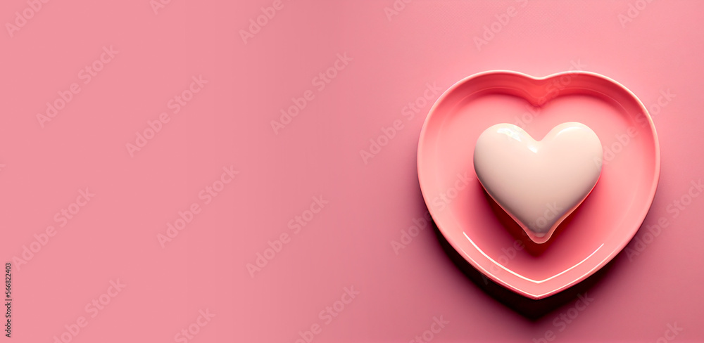 A heart-shaped plate on a pink background with copy space. The concept of love and happiness on Valentine's Day, Generative AI A heart-shaped plate on a pink background with copy space. The concept of love and happiness on Valentine's Day, Generative AI