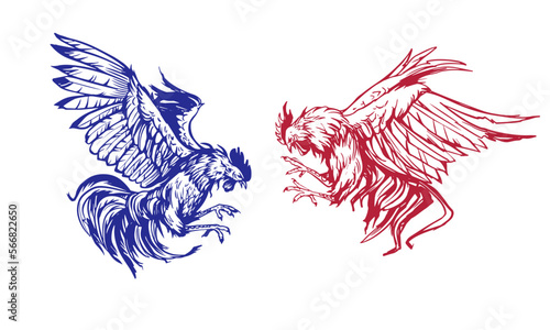 Rooster fighing, angry, hand drawn vector sketch illustration. Black on Transparent background