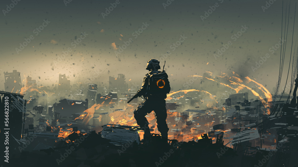 soldier with a gun standing on the ruins of the destroyed city, digital ...