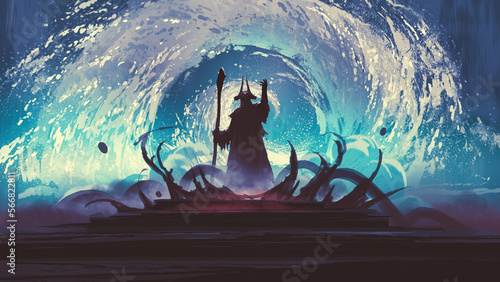wizard conjure up a huge water vortex in the background., digital art style, illustration painting
