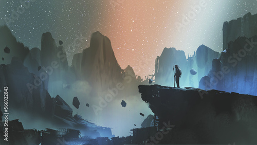 Leinwand Poster man standing on cliff looking mountains view with starry sky, digital art style,