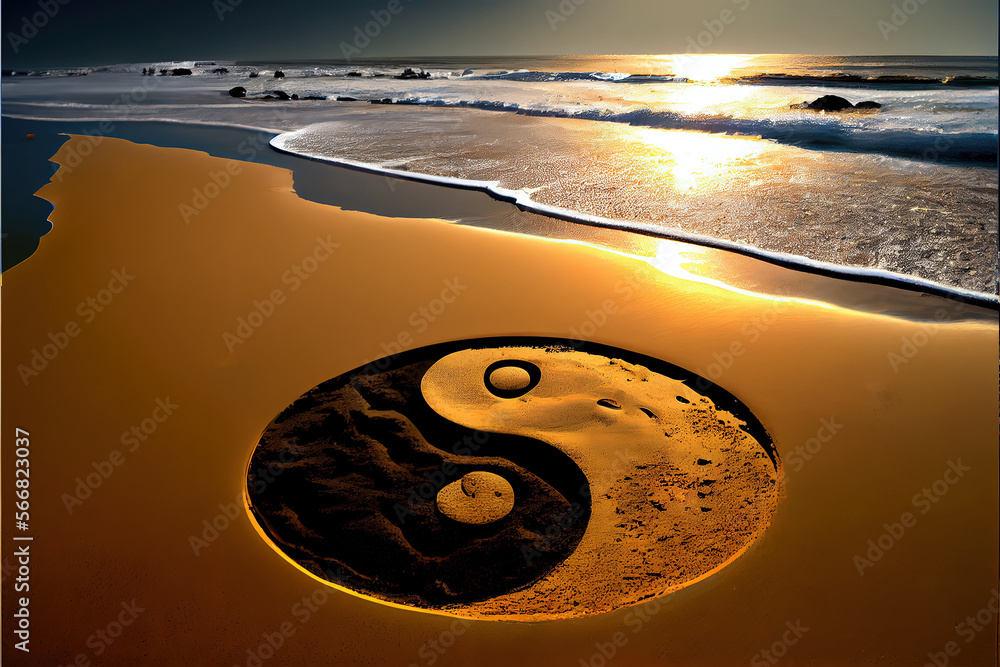 yin-yang symbol on beach with water a tide coming in, sunset ...
