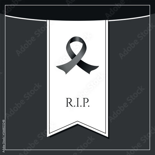 funeral card with black ribbon and RIP initials