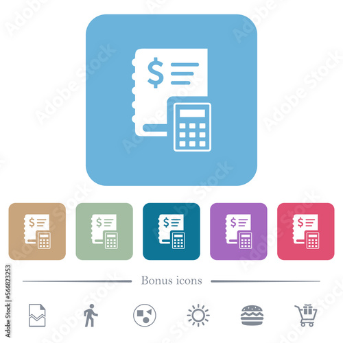 Dollar ledger flat icons on color rounded square backgrounds