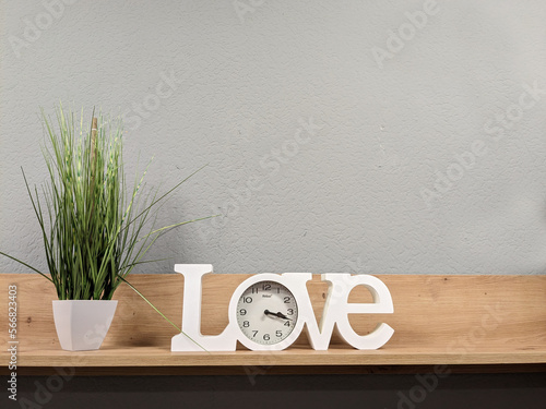 on a wooden shelf there is a green flower in a pot and a clock in the inscription love
