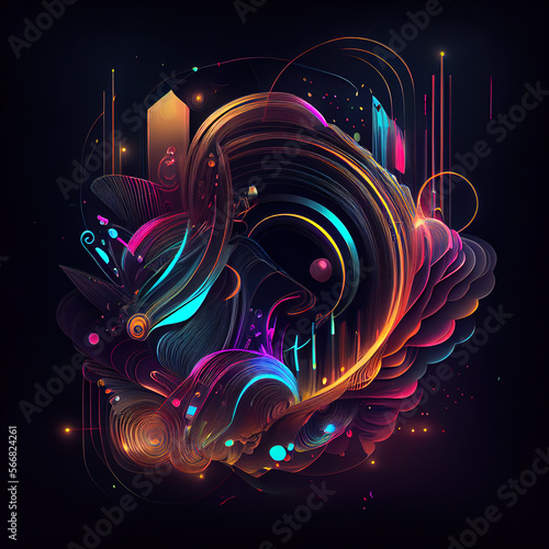Dark background with neon abstract colorful flowers and geometric form. Ai generated