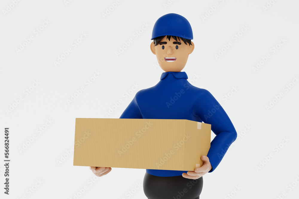 Delivery man in blue uniform smiling holding parcel box, shipment service concept, 3D rendering. Delivery man in blue uniform smiling holding parcel box, shipment service concept, 3D rendering.