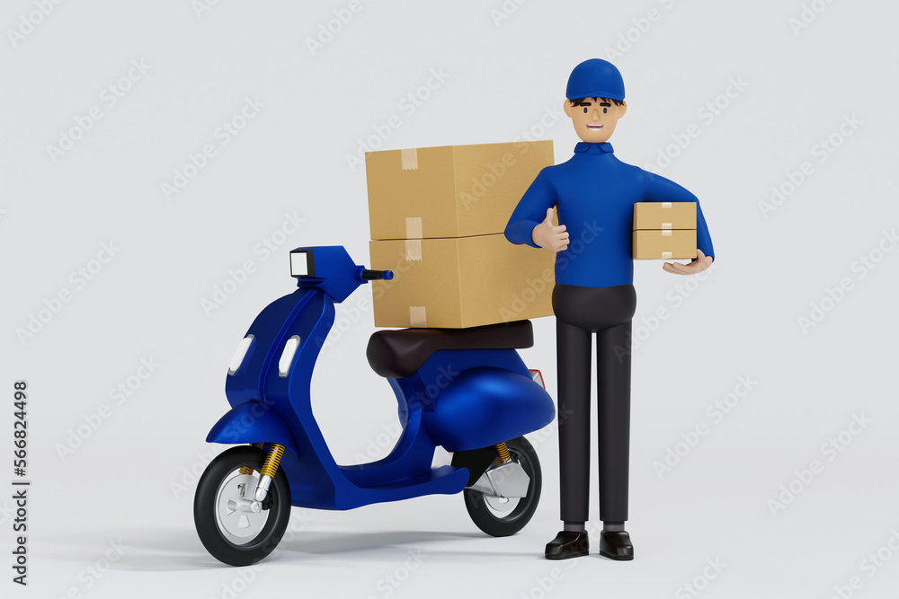 Delivery man in blue uniform smiling holding parcel box and give thumb up, shipment service concept, 3D rendering. Delivery man in blue uniform smiling holding parcel box and give thumb up, shipment service concept, 3D rendering.