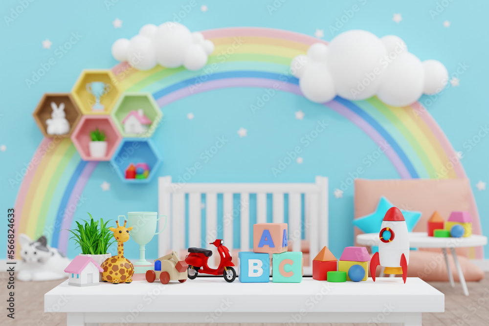 Toy and doll on table with wall decoration kid room, nursery children's room design, 3D rendering. Toy and doll on table with wall decoration kid room, nursery children's room design, 3D rendering.