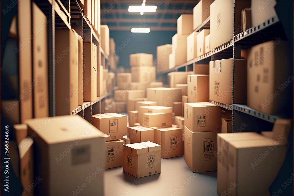 cardboard boxes abound in the inventory in the contemporary warehouse storage of the retail store. - obrazy, fototapety, plakaty 