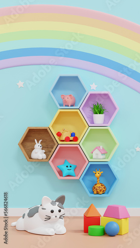 Toy and doll on table with wall decoration kid children room vertical design for mobile interface wallpaper, 3D rendering.