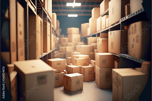 cardboard boxes abound in the inventory in the contemporary warehouse storage of the retail store.