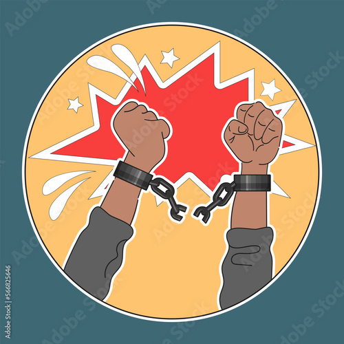 Hands breaking chains. Round emblem, symbol, icon on a blue background. Vector illustration