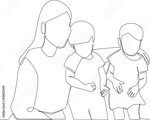 Continuous one line drawing happy mother with twins. Family concept. Single line draw design vector graphic illustration.