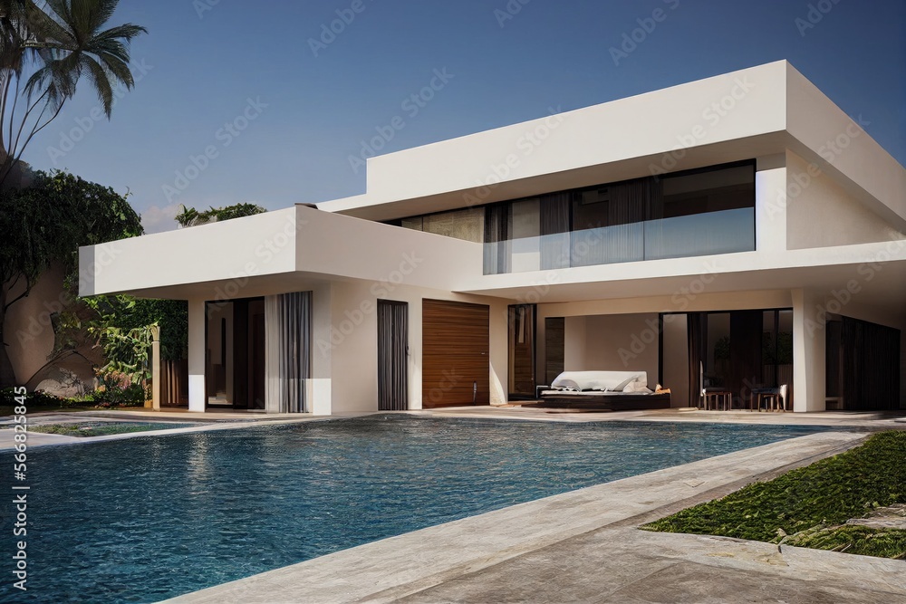 Luxury pool villa spectacular contemporary design digital art real estate , home, house and property, Generative AI illustration.
