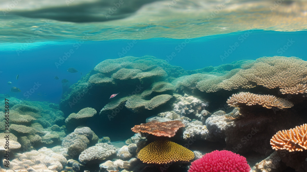 Naklejka premium seascape in the shallow water of the coral reef in caribbean sea, Generative AI
