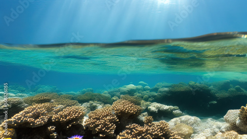 seascape in the shallow water of the coral reef in caribbean sea, Generative AI