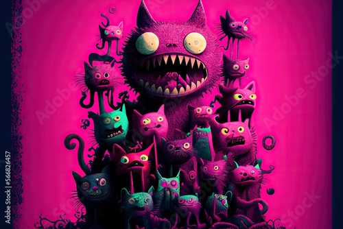 group of funny cats strange monsters created with Generative AI technology