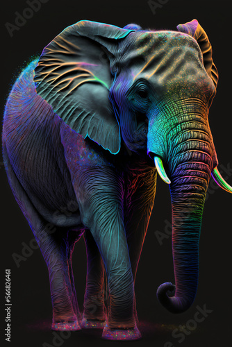 Elefant Portrait mit bunten Farben und schwarzen Hintergrund Neon Farben - Generative AI
