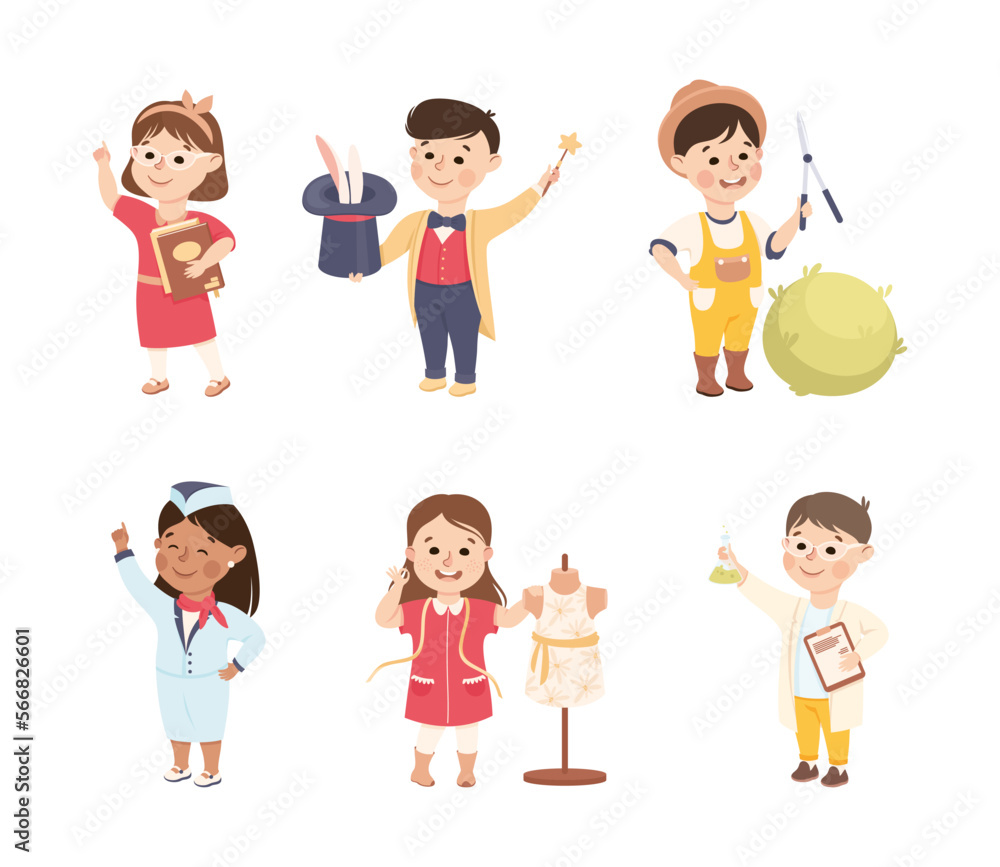Cheerful Boy and Girl Depicting Different Profession Vector Set