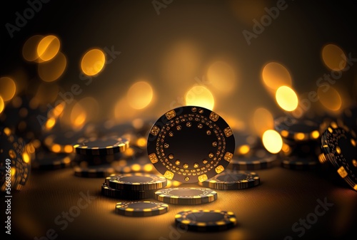 gold casino tokens or casino chips stack on table with glitter glow light blur background, Generative Ai