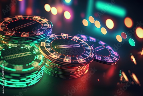 casino tokens or casino chips stack on table with glitter glow light blur background, Generative Ai