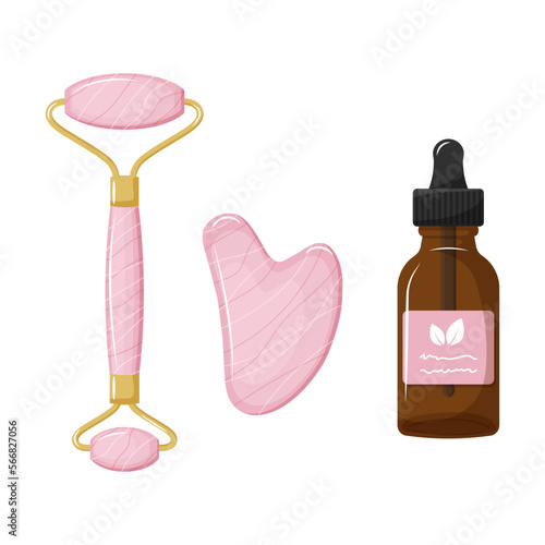 Skin care set: face serum and gua sha massager made of rose quartz and roller.
Home beauty skin care routine. Hand drawn vector illustration.