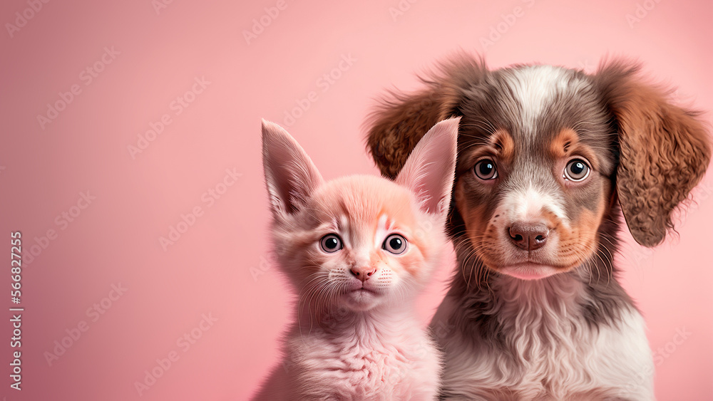Cat and dog on pastel pink background. Generative AI