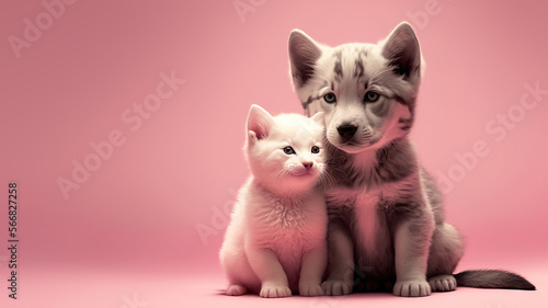 Cat and dog on pastel pink background. Generative AI