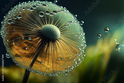 Beautiful drops on a dandelion, close up dew. Generative AI,