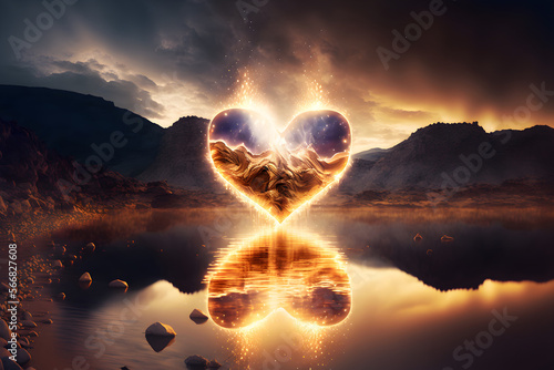 Burning heart in the water background. valentine background. A golden heart against a mountain landscape. Genenative AI photo