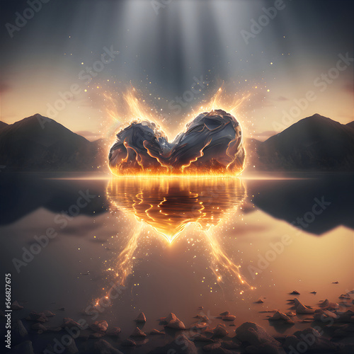 Burning gold heart in the water. valentine background. A golden heart against a mountain landscape. Genenative AI