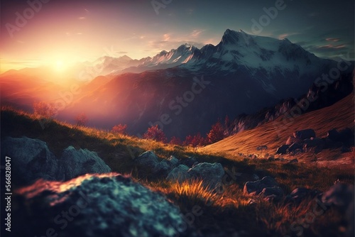 Paisaje de montañas al amanecer con efecto bokeh con tecnología generativa IA © Cesar