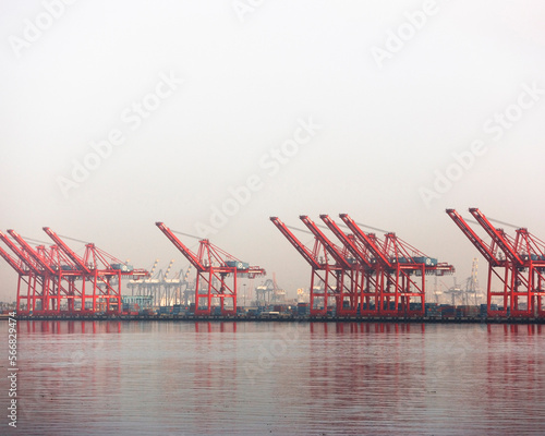 A row of red cranes at the water edge at the Ports of Long Beach and Los Angeles, California. photo