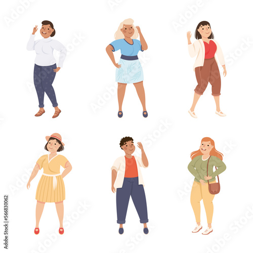 Plus Size People Characters in Different Apparel Standing and Smiling Vector Illustration Set