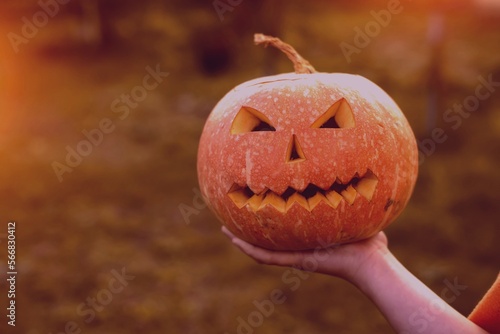 scary Halloween pumpkin in hand