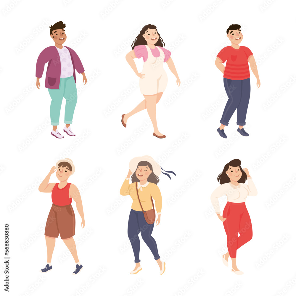 Plus Size People Characters in Different Apparel Standing and Smiling Vector Illustration Set Plus Size People Characters in Different Apparel Standing and Smiling Vector Illustration Set
