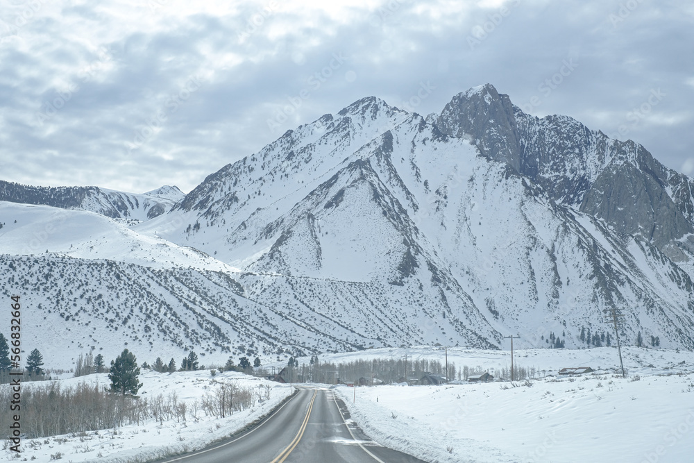 Obraz premium the road trip to Alpine Mountain during winter season. Travel in winter and snowing.